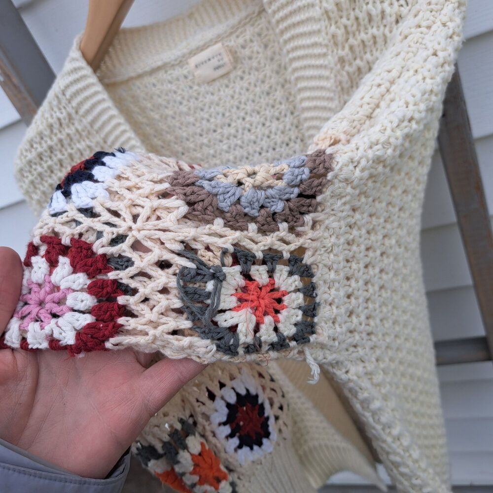 Dreamers by Debut Cream Crochet Granny Square Sleeve Cardigan Sweater M/Large - Picture 6 of 10